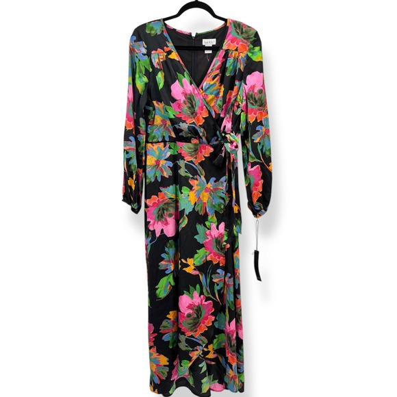Nicole Miller NEW Black Floral Long Sleeve Faux Wrap Satin Midi Dress‎ - Size 10 - Picture 1 of 9